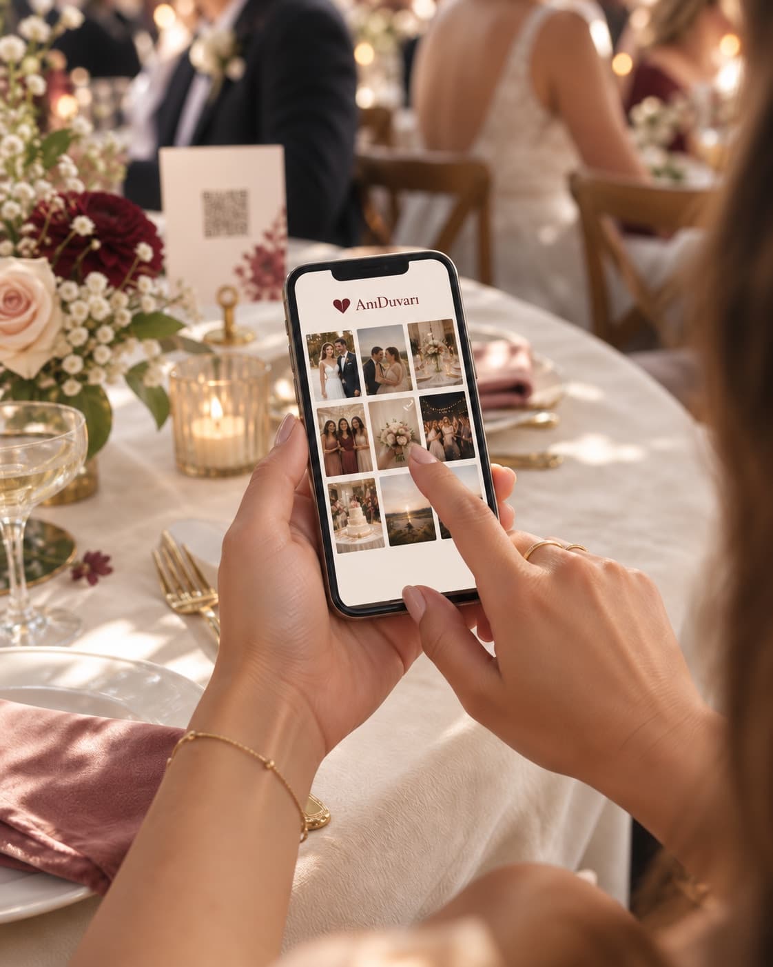 Bir misafirin telefondan düğün fotoğraflarını AnıDuvarı albümüne yüklemesi
